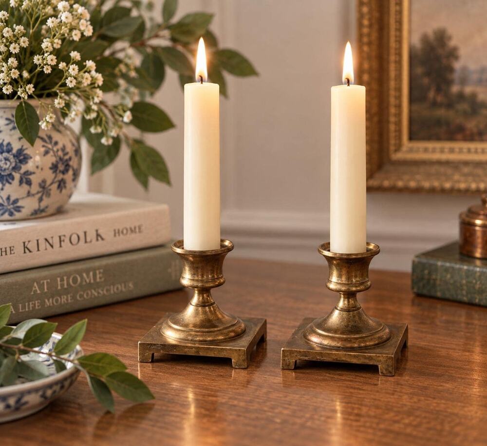 Vintage Brass Candlestick Holders, Square Base, English Country Decor (Set of 2)